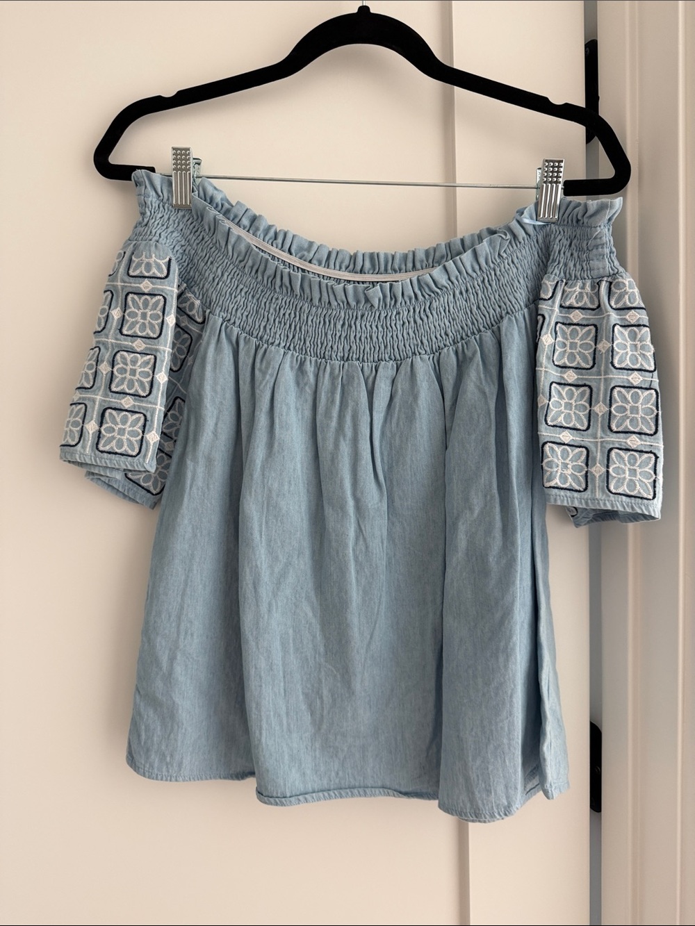 Off-Shoulder Smocked Chambray Blouse with Embroidered Sleeves — Light Blue